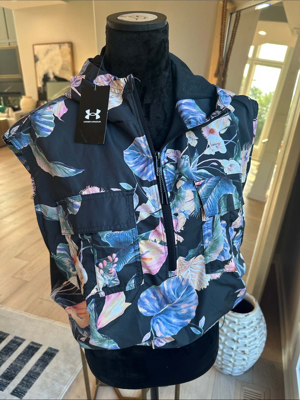 Under Armour Black Floral Hooded Packable Vest with Blue & Pink Flowers